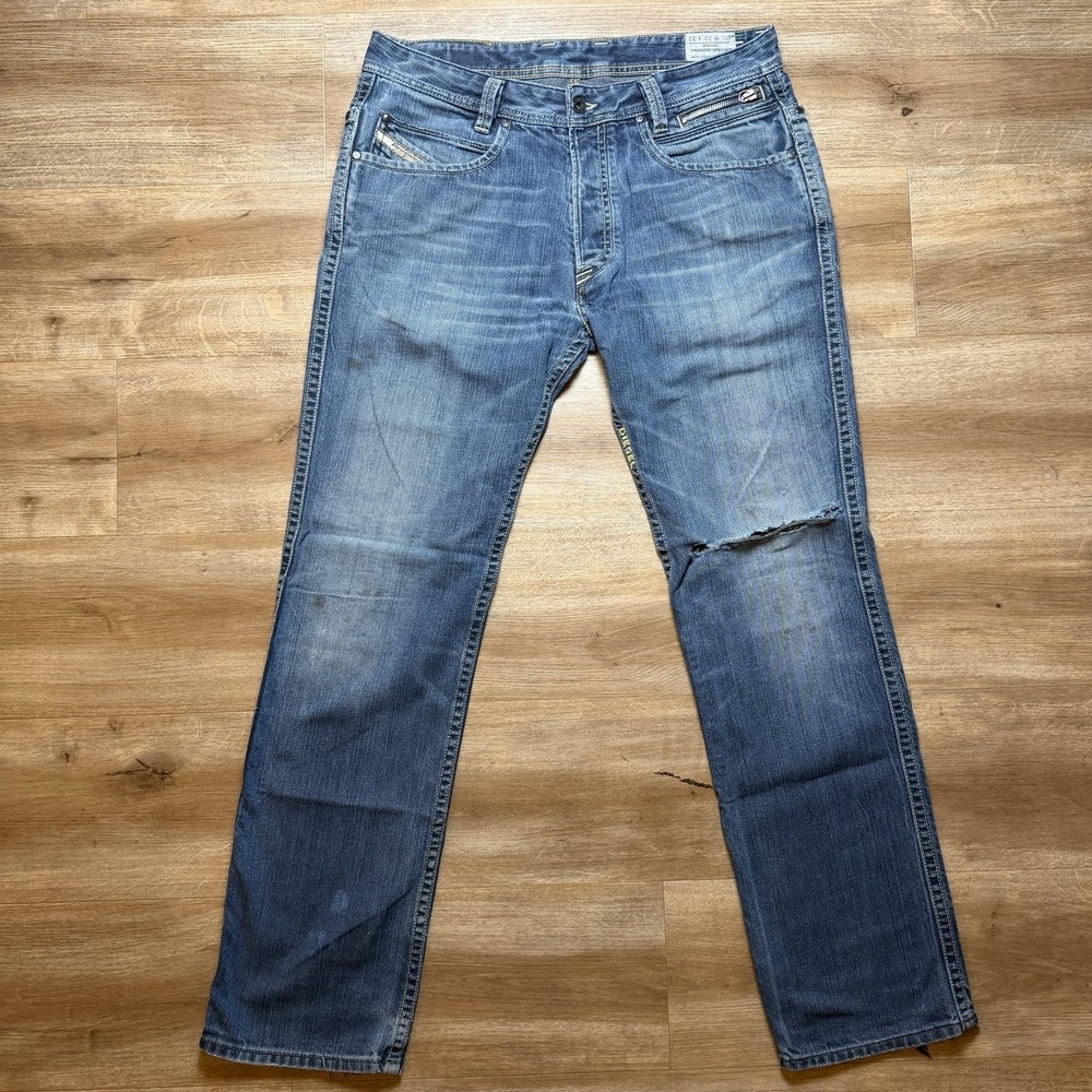 Diesel Paddom-Special Jeans Men 33x32 Blue Straight Leg Italy Thrashed 008BM Y2K